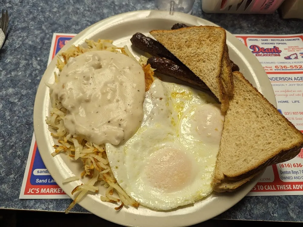 Eggs Sausage Links and Hash Browns with Sausage Gravy